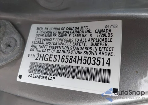 2004 Honda Civic Lx z USA, uszkodzony, nr VIN 2HGES16584H503514